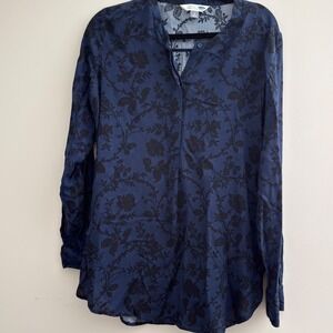 Old Navy Womens Tunic Shirt Blue Black Floral Long Sleeve Rayon Size Large